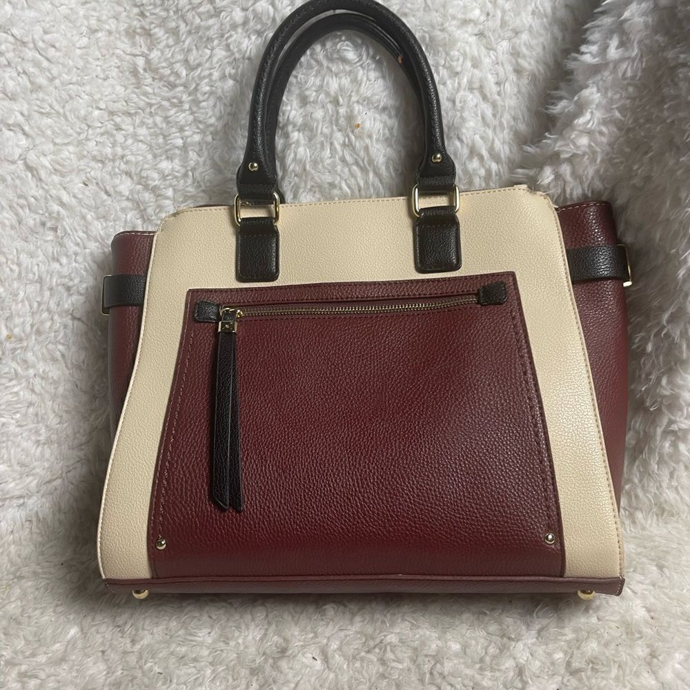 NWT Charming Charlie color block tote/shoulder bag Burgundy,beige & Black